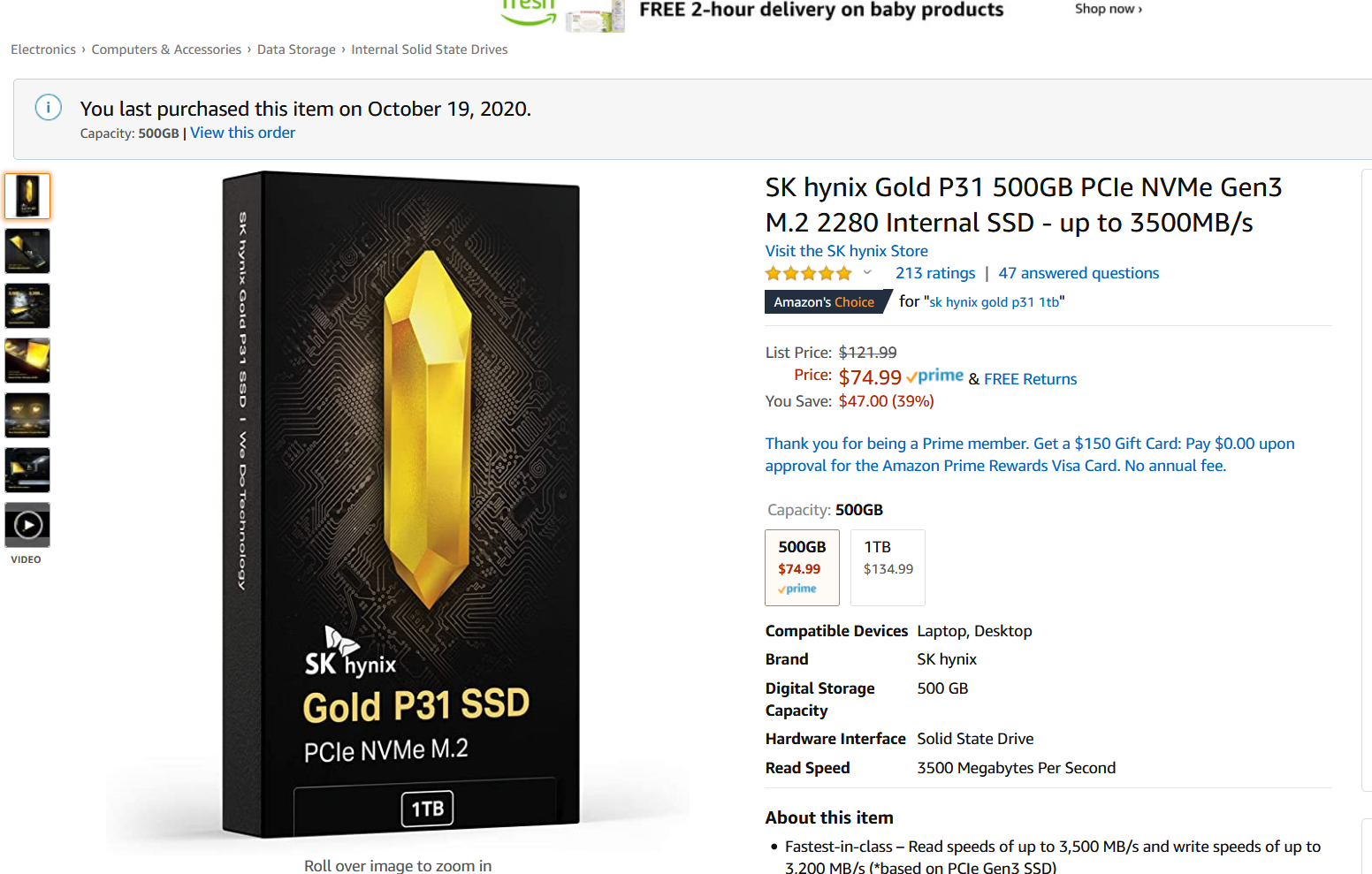 Screenshot_2020-10-20 Amazon com SK hynix Gold P31 500GB PCIe NVMe Gen3 M 2 2280 Internal SSD - up to 3500MB s Computers Ac[...].png