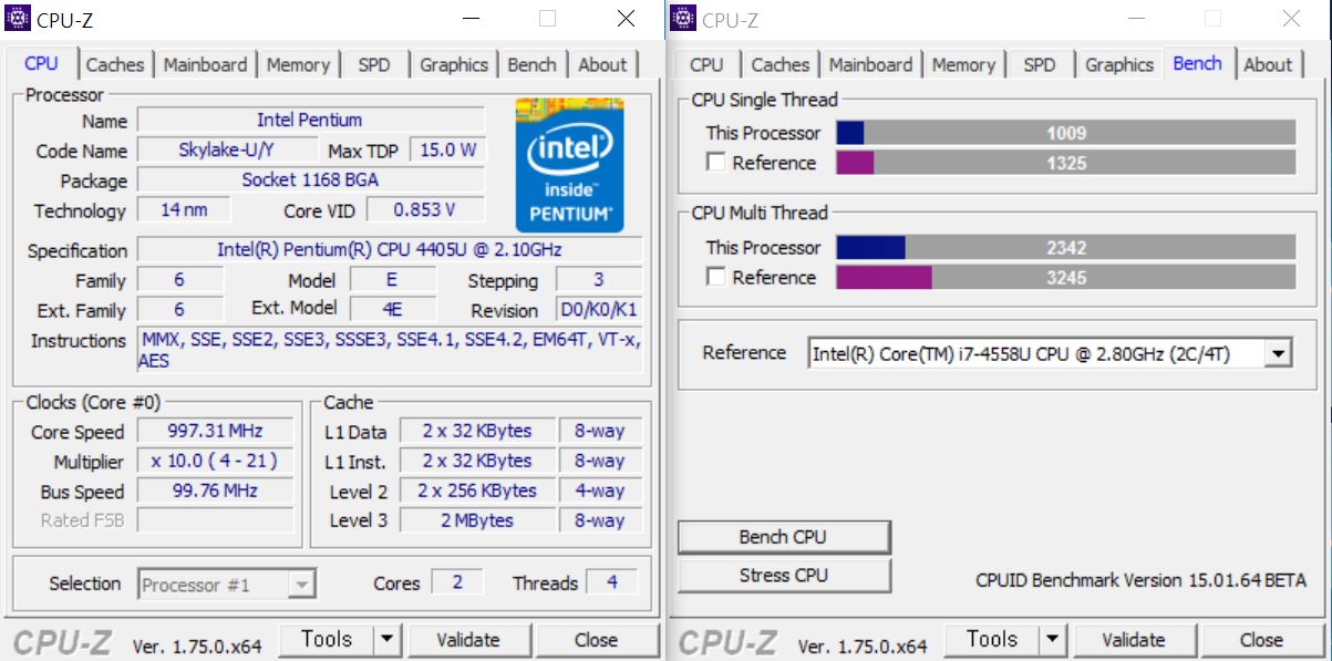 intel 펜티엄 4405U 하스웰 2.1Ghz cpuz 1.75.JPG