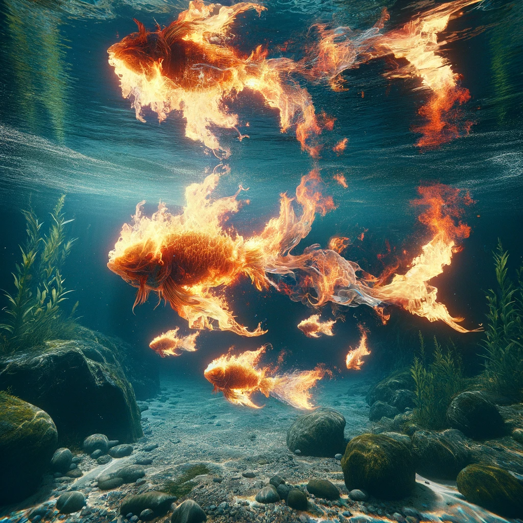 DALL·E 2023-12-27 01.40.35 - A surreal and abstract scene depicting fish shapes made of fire, swimming in water. The image should convey a blend of realism and fantasy, showcasing.png
