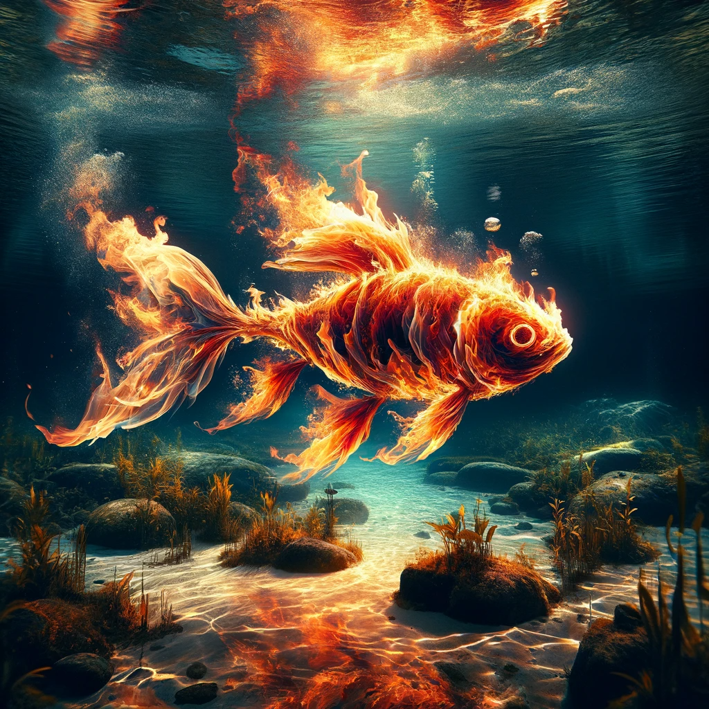 DALL·E 2023-12-27 01.40.27 - A surreal and abstract scene depicting fish shapes made of fire, swimming in water. The image should convey a blend of realism and fantasy, showcasing.png