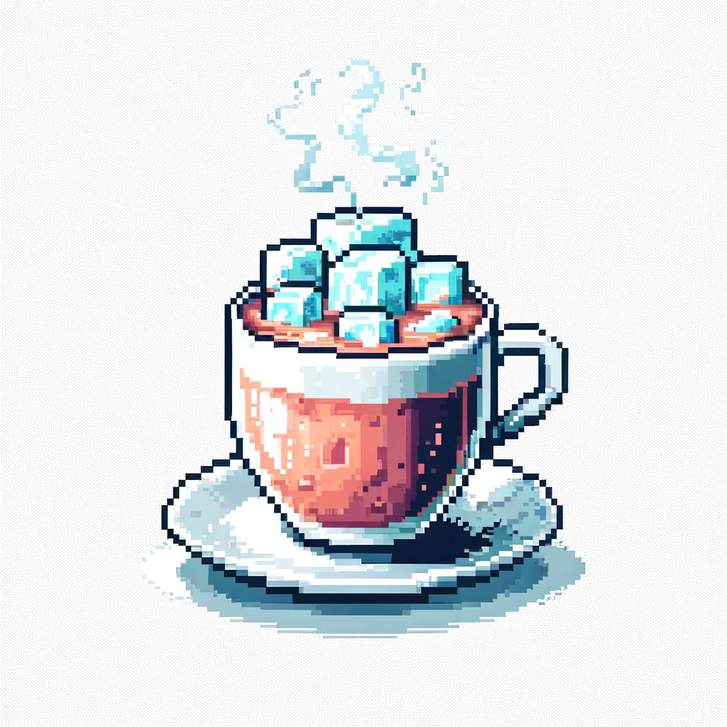 DALL·E 2024-03-23 15.34.24 - Pixel art scene showcasing a coffee cup that defies logic; filled with ice and yet boiling hot, with steam wafting up, all set against a pure white ba.jpg