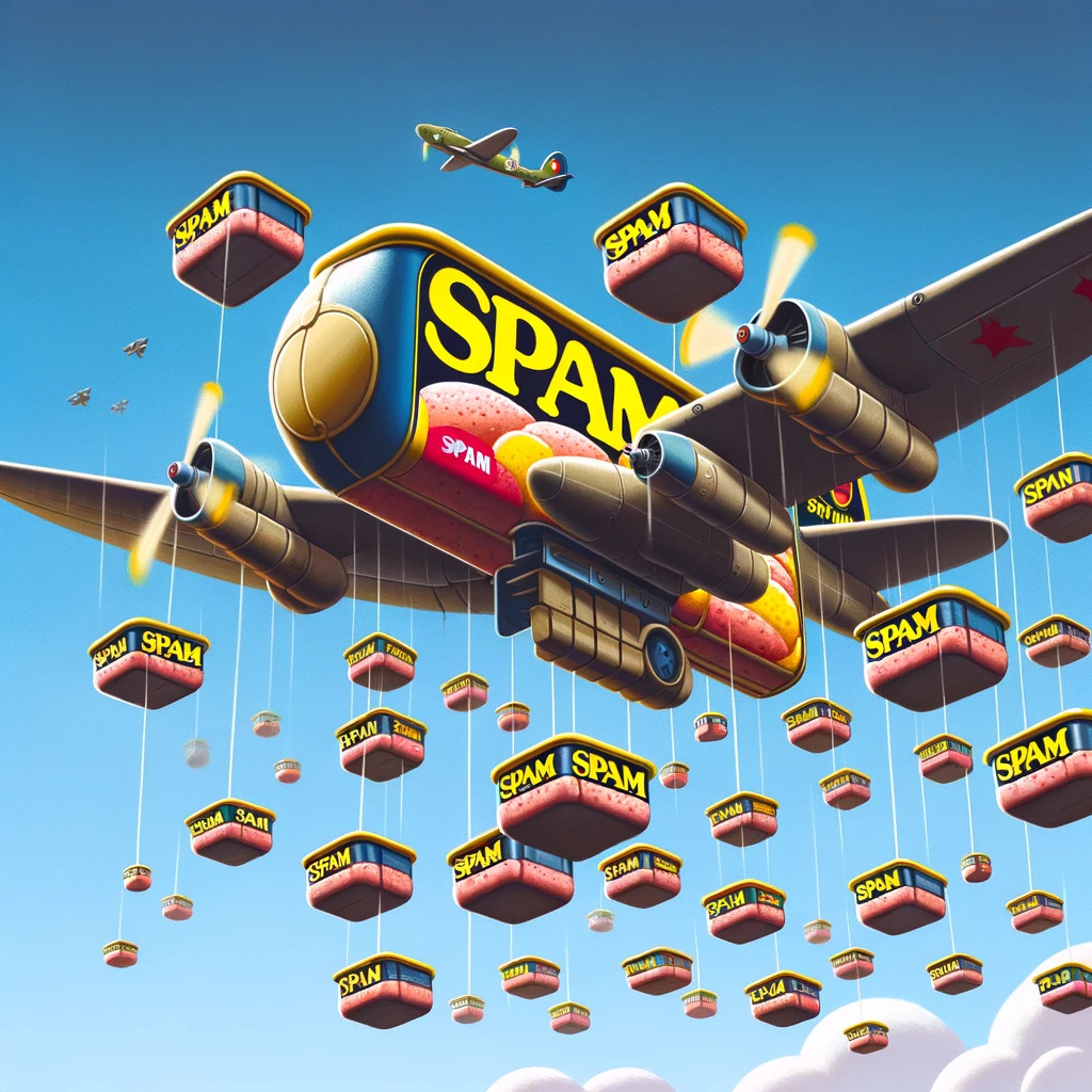 DALL·E 2024-03-23 15.36.10 - A whimsical scene depicting a giant bomber aircraft, shaped like a can of spam, dropping numerous smaller spam cans as bombs. This literal interpretat.jpg